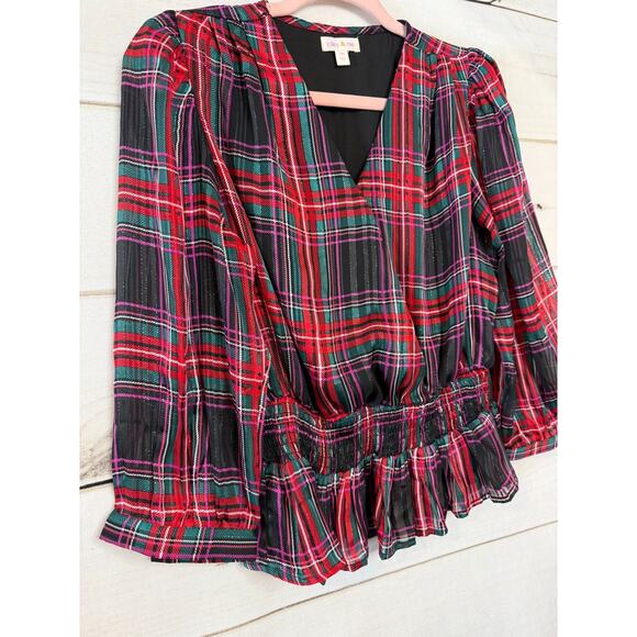 Riley & Rae Sz XS Blouse Plaid Holiday Party Rouched Ruffled‎ - Picture 5 of 5